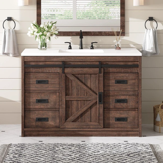 Main image of 48" Farmhouse Freestanding Bathroom Vanity with Sink, Sliding Barn Doors Bathroom Vanity with Drawers & Deep Basin, Spacious Bathroom Storage, Rustic Brown
