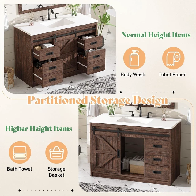 Alt view image 4 of 7 - 48" Farmhouse Freestanding Bathroom Vanity with Sink, Sliding Barn Doors Bathroom Vanity with Drawers & Deep Basin, Spacious Bathroom Storage, Rustic Brown