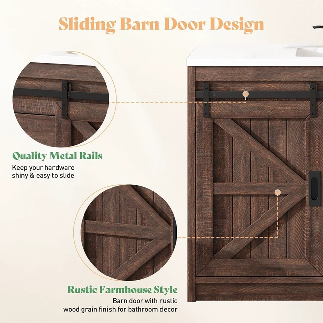 Alt view image 5 of 7 - 48" Farmhouse Freestanding Bathroom Vanity with Sink, Sliding Barn Doors Bathroom Vanity with Drawers & Deep Basin, Spacious Bathroom Storage, Rustic Brown
