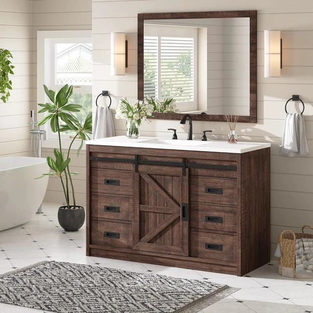 Alt view image 7 of 7 - 48" Farmhouse Freestanding Bathroom Vanity with Sink, Sliding Barn Doors Bathroom Vanity with Drawers & Deep Basin, Spacious Bathroom Storage, Rustic Brown