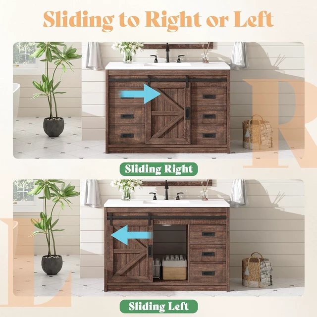 Alt view image 3 of 7 - 48" Farmhouse Freestanding Bathroom Vanity with Sink, Sliding Barn Doors Bathroom Vanity with Drawers & Deep Basin, Spacious Bathroom Storage, Rustic Brown
