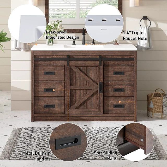 Alt view image 6 of 7 - 48" Farmhouse Freestanding Bathroom Vanity with Sink, Sliding Barn Doors Bathroom Vanity with Drawers & Deep Basin, Spacious Bathroom Storage, Rustic Brown