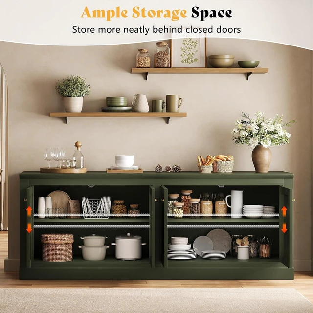 Alt view image 3 of 7 - 72" Modern Sideboard Buffet Cabinet with Grooved Doors, Storage Console Table with Adjustable Shelves, Coffee Bar/TV Stand for Dining Room, Living Room, Kitchen, Entryway, Olive Green