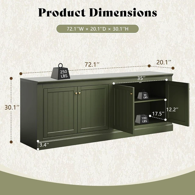 Alt view image 2 of 7 - 72" Modern Sideboard Buffet Cabinet with Grooved Doors, Storage Console Table with Adjustable Shelves, Coffee Bar/TV Stand for Dining Room, Living Room, Kitchen, Entryway, Olive Green