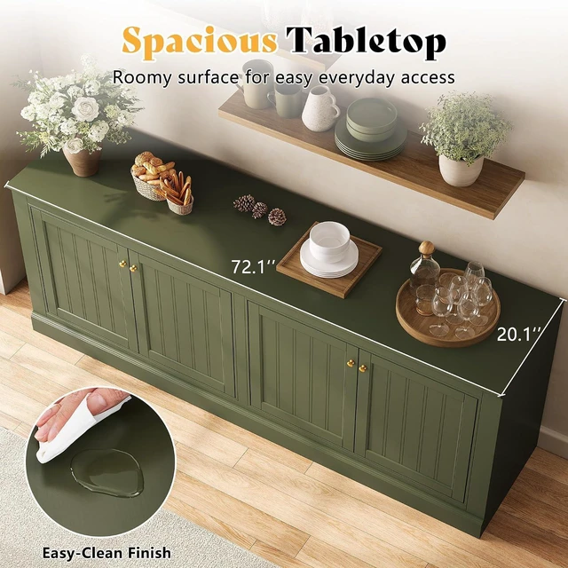 Alt view image 4 of 7 - 72" Modern Sideboard Buffet Cabinet with Grooved Doors, Storage Console Table with Adjustable Shelves, Coffee Bar/TV Stand for Dining Room, Living Room, Kitchen, Entryway, Olive Green