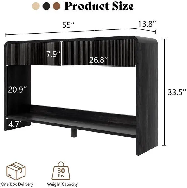Alt view image 2 of 7 - 55" Fluted Console Table with 2 Drawers and Open Shelf, Modern Entryway Table with Rounded Edges, Wood Sofa Table for Hallway, Foyer, Behind Couch, Living Room, Black