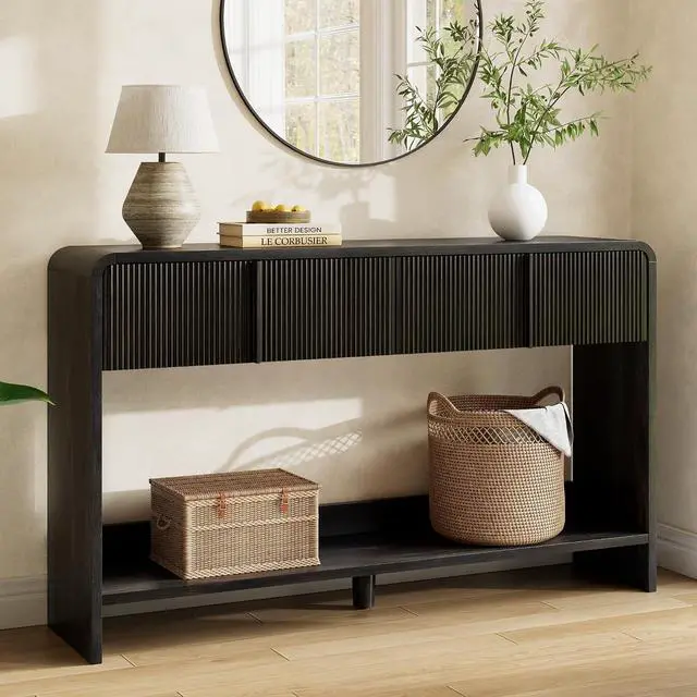 Main image of 55" Fluted Console Table with 2 Drawers and Open Shelf, Modern Entryway Table with Rounded Edges, Wood Sofa Table for Hallway, Foyer, Behind Couch, Living Room, Black
