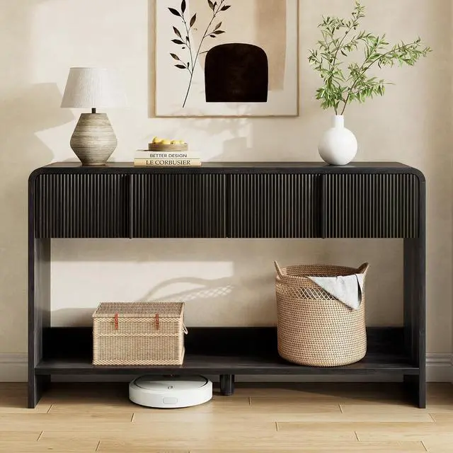 Alt view image 5 of 7 - 55" Fluted Console Table with 2 Drawers and Open Shelf, Modern Entryway Table with Rounded Edges, Wood Sofa Table for Hallway, Foyer, Behind Couch, Living Room, Black