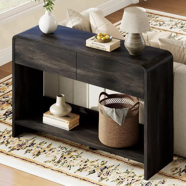 Main image of 45" Modern Console Table with 2 Storage Drawers and Open Shelf, Wooden Entryway Table with Curved Edges, Sofa Table Behind Couch for Hallway, Foyer, Entrance, Living Room, Black
