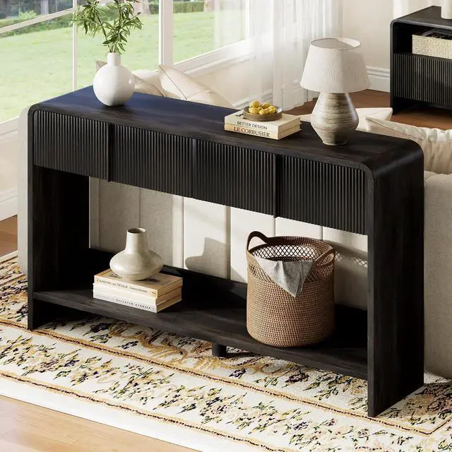 Alt view image 7 of 7 - 55" Fluted Console Table with 2 Drawers and Open Shelf, Modern Entryway Table with Rounded Edges, Wood Sofa Table for Hallway, Foyer, Behind Couch, Living Room, Black
