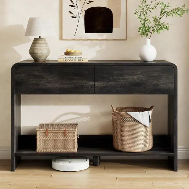 Alt view image 5 of 7 - 45" Modern Console Table with 2 Storage Drawers and Open Shelf, Wooden Entryway Table with Curved Edges, Sofa Table Behind Couch for Hallway, Foyer, Entrance, Living Room, Black