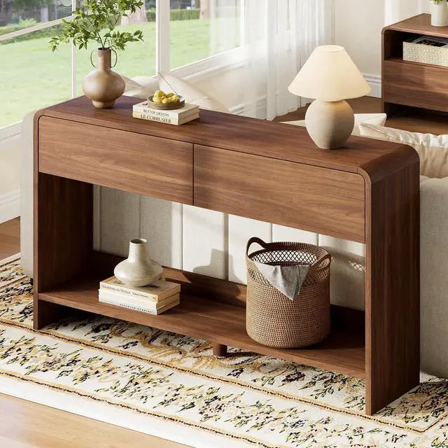 Main image of 55" Modern Console Table with 2 Storage Drawers and Open Shelf, Wooden Entryway Table with Curved Edges, Sofa Table Behind Couch for Hallway, Foyer, Entrance, Living Room, Brown
