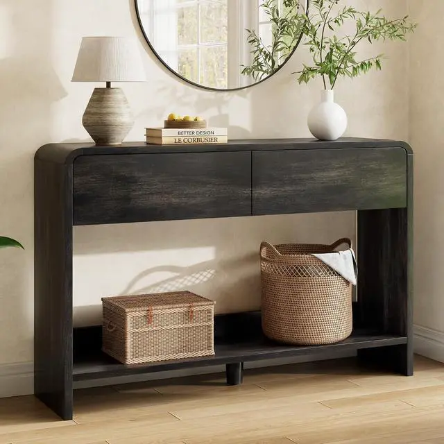 Alt view image 7 of 7 - 45" Modern Console Table with 2 Storage Drawers and Open Shelf, Wooden Entryway Table with Curved Edges, Sofa Table Behind Couch for Hallway, Foyer, Entrance, Living Room, Black