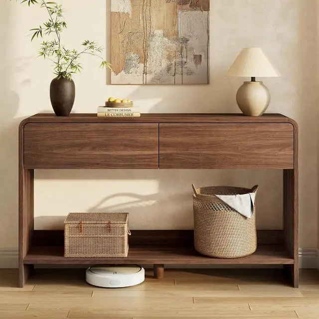 Alt view image 4 of 7 - 55" Modern Console Table with 2 Storage Drawers and Open Shelf, Wooden Entryway Table with Curved Edges, Sofa Table Behind Couch for Hallway, Foyer, Entrance, Living Room, Brown