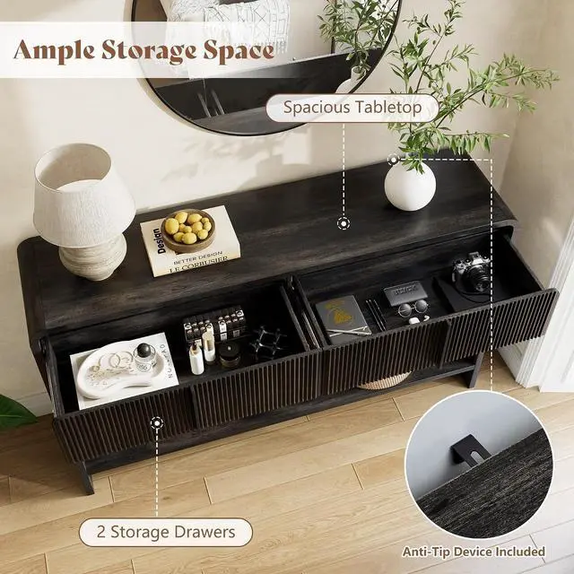 Alt view image 3 of 7 - 45" Fluted Console Table with 2 Drawers and Open Shelf, Modern Entryway Table with Rounded Edges, Wood Sofa Table for Hallway, Foyer, Behind Couch, Living Room, Black
