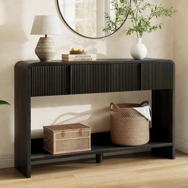 Main image of 45" Fluted Console Table with 2 Drawers and Open Shelf, Modern Entryway Table with Rounded Edges, Wood Sofa Table for Hallway, Foyer, Behind Couch, Living Room, Black
