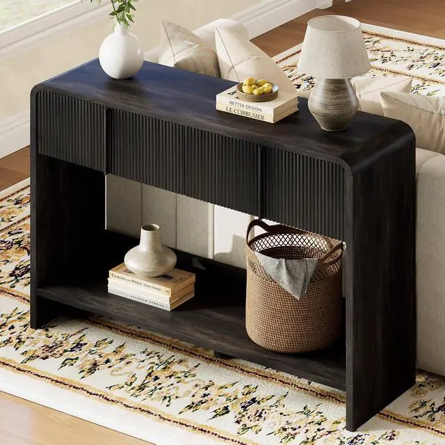 Alt view image 7 of 7 - 45" Fluted Console Table with 2 Drawers and Open Shelf, Modern Entryway Table with Rounded Edges, Wood Sofa Table for Hallway, Foyer, Behind Couch, Living Room, Black
