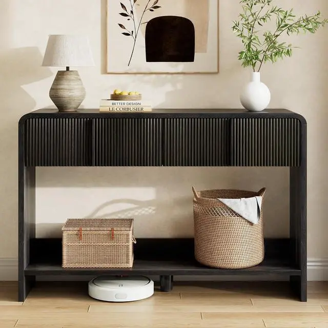 Alt view image 5 of 7 - 45" Fluted Console Table with 2 Drawers and Open Shelf, Modern Entryway Table with Rounded Edges, Wood Sofa Table for Hallway, Foyer, Behind Couch, Living Room, Black