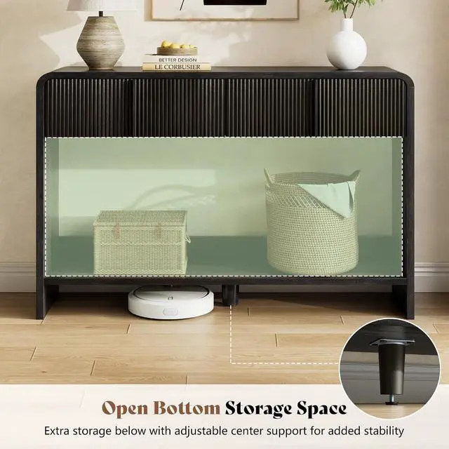 Alt view image 6 of 7 - 45" Fluted Console Table with 2 Drawers and Open Shelf, Modern Entryway Table with Rounded Edges, Wood Sofa Table for Hallway, Foyer, Behind Couch, Living Room, Black