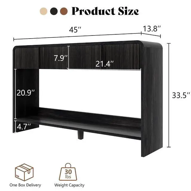 Alt view image 2 of 7 - 45" Fluted Console Table with 2 Drawers and Open Shelf, Modern Entryway Table with Rounded Edges, Wood Sofa Table for Hallway, Foyer, Behind Couch, Living Room, Black