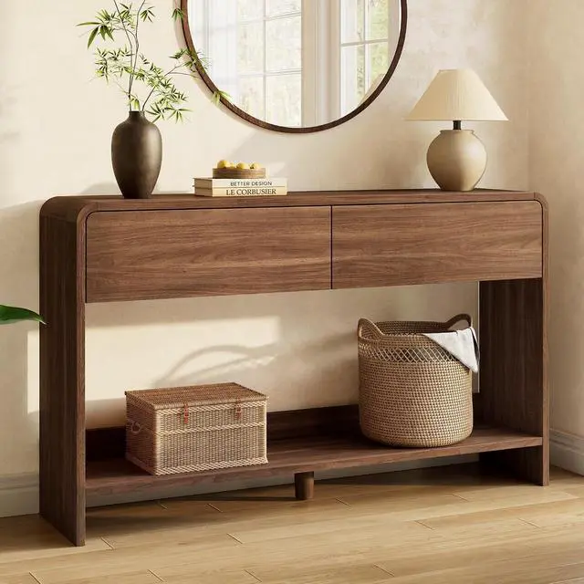 Alt view image 7 of 7 - 55" Modern Console Table with 2 Storage Drawers and Open Shelf, Wooden Entryway Table with Curved Edges, Sofa Table Behind Couch for Hallway, Foyer, Entrance, Living Room, Brown