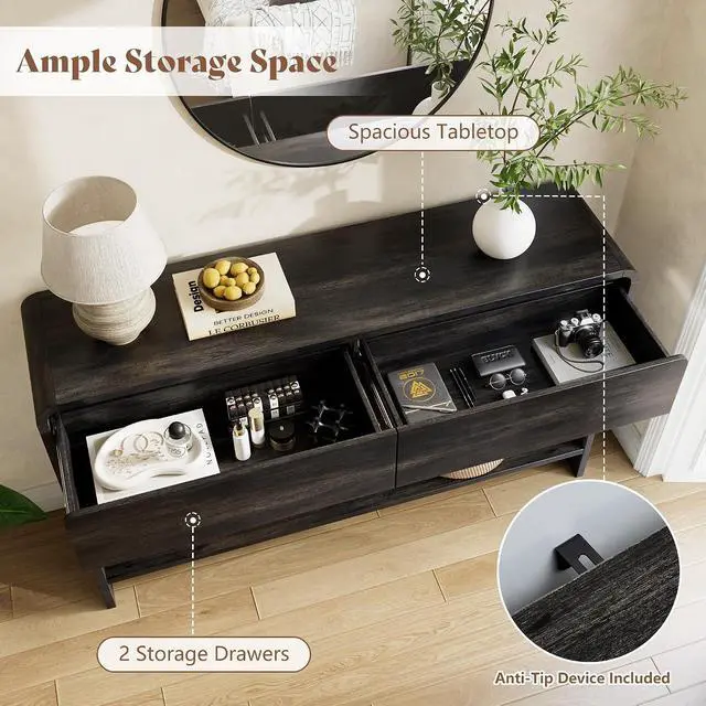 Alt view image 3 of 7 - 55" Modern Console Table with 2 Storage Drawers and Open Shelf, Wooden Entryway Table with Curved Edges, Sofa Table Behind Couch for Hallway, Foyer, Entrance, Living Room, Black