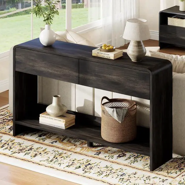 Main image of 55" Modern Console Table with 2 Storage Drawers and Open Shelf, Wooden Entryway Table with Curved Edges, Sofa Table Behind Couch for Hallway, Foyer, Entrance, Living Room, Black