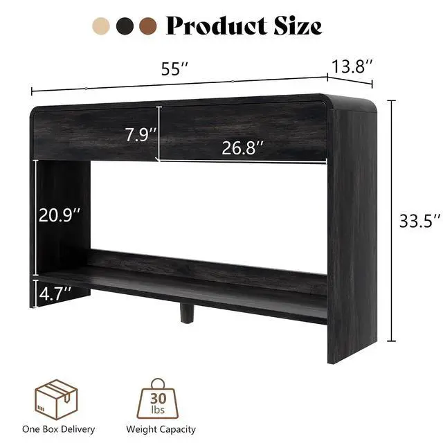 Alt view image 2 of 7 - 55" Modern Console Table with 2 Storage Drawers and Open Shelf, Wooden Entryway Table with Curved Edges, Sofa Table Behind Couch for Hallway, Foyer, Entrance, Living Room, Black