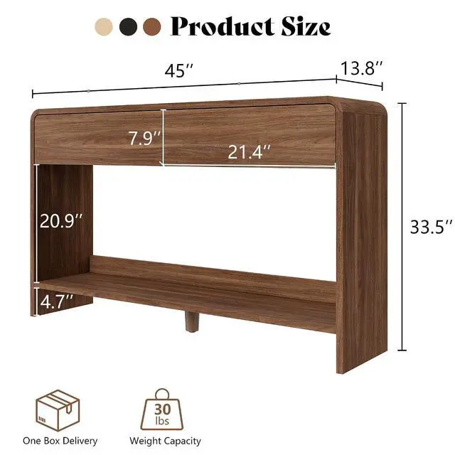 Alt view image 2 of 7 - 45" Modern Console Table with 2 Storage Drawers and Open Shelf, Wooden Entryway Table with Curved Edges, Sofa Table Behind Couch for Hallway, Foyer, Entrance, Living Room, Brown