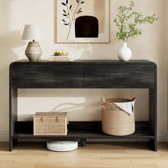 Alt view image 5 of 7 - 55" Modern Console Table with 2 Storage Drawers and Open Shelf, Wooden Entryway Table with Curved Edges, Sofa Table Behind Couch for Hallway, Foyer, Entrance, Living Room, Black