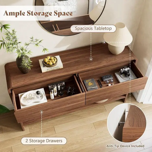Alt view image 3 of 7 - 55" Modern Console Table with 2 Storage Drawers and Open Shelf, Wooden Entryway Table with Curved Edges, Sofa Table Behind Couch for Hallway, Foyer, Entrance, Living Room, Brown