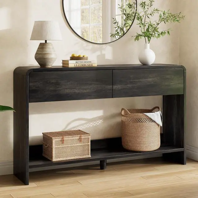 Alt view image 7 of 7 - 55" Modern Console Table with 2 Storage Drawers and Open Shelf, Wooden Entryway Table with Curved Edges, Sofa Table Behind Couch for Hallway, Foyer, Entrance, Living Room, Black