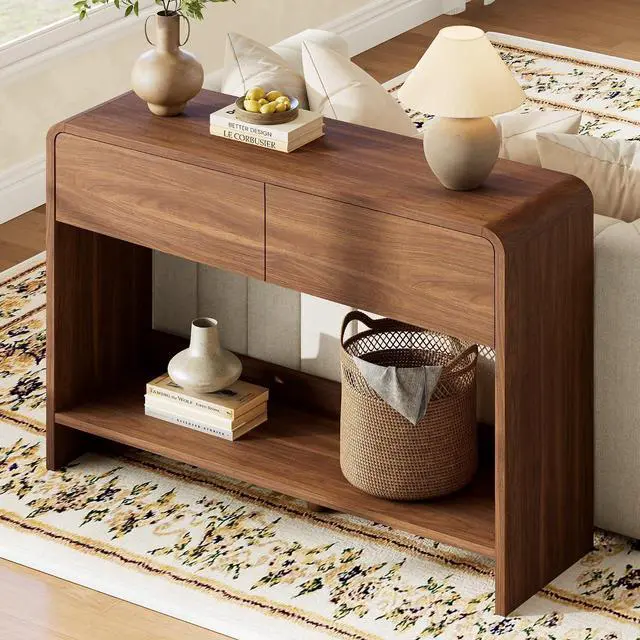 Main image of 45" Modern Console Table with 2 Storage Drawers and Open Shelf, Wooden Entryway Table with Curved Edges, Sofa Table Behind Couch for Hallway, Foyer, Entrance, Living Room, Brown
