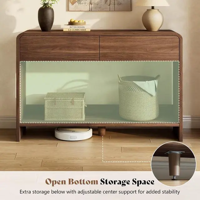 Alt view image 5 of 7 - 55" Modern Console Table with 2 Storage Drawers and Open Shelf, Wooden Entryway Table with Curved Edges, Sofa Table Behind Couch for Hallway, Foyer, Entrance, Living Room, Brown