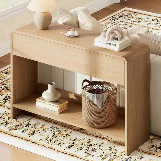 Main image of 45" Modern Console Table with 2 Storage Drawers and Open Shelf, Wooden Entryway Table with Curved Edges, Sofa Table Behind Couch for Hallway, Foyer, Entrance, Living Room, Natural Oak