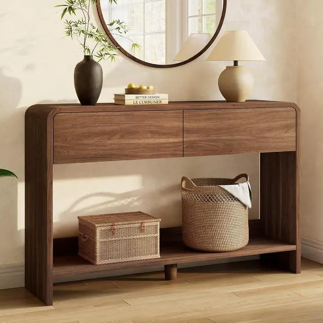 Alt view image 7 of 7 - 45" Modern Console Table with 2 Storage Drawers and Open Shelf, Wooden Entryway Table with Curved Edges, Sofa Table Behind Couch for Hallway, Foyer, Entrance, Living Room, Brown