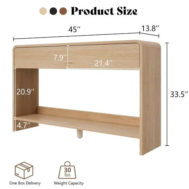 Alt view image 2 of 7 - 45" Modern Console Table with 2 Storage Drawers and Open Shelf, Wooden Entryway Table with Curved Edges, Sofa Table Behind Couch for Hallway, Foyer, Entrance, Living Room, Natural Oak