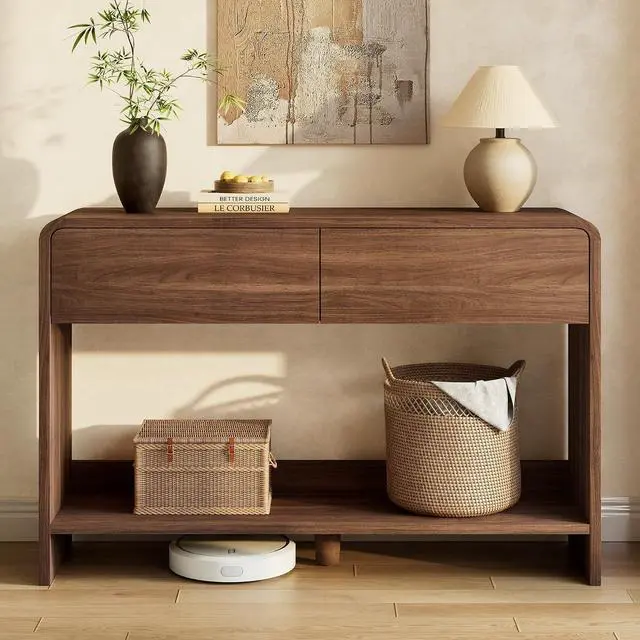 Alt view image 6 of 7 - 45" Modern Console Table with 2 Storage Drawers and Open Shelf, Wooden Entryway Table with Curved Edges, Sofa Table Behind Couch for Hallway, Foyer, Entrance, Living Room, Brown
