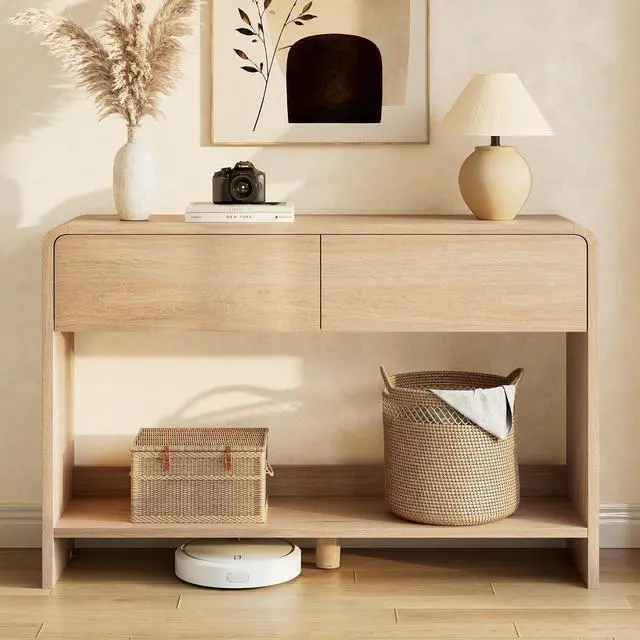 Alt view image 5 of 7 - 45" Modern Console Table with 2 Storage Drawers and Open Shelf, Wooden Entryway Table with Curved Edges, Sofa Table Behind Couch for Hallway, Foyer, Entrance, Living Room, Natural Oak