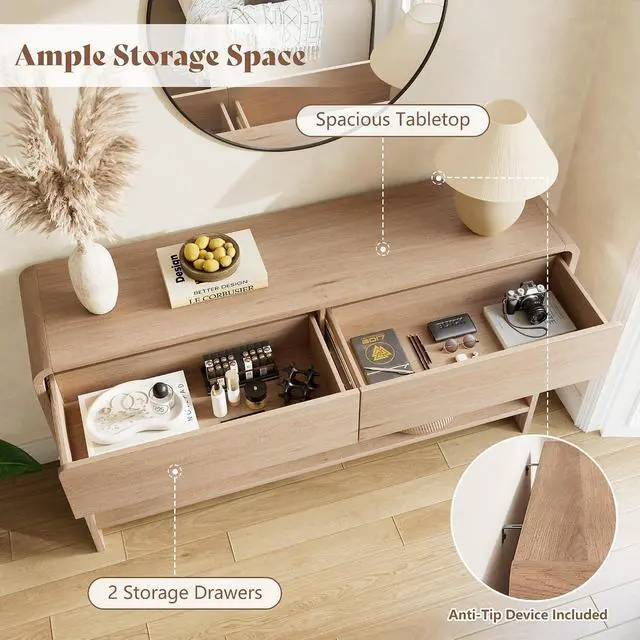 Alt view image 3 of 7 - 55" Modern Console Table with 2 Storage Drawers and Open Shelf, Wooden Entryway Table with Curved Edges, Sofa Table Behind Couch for Hallway, Foyer, Entrance, Living Room, Natural Oak