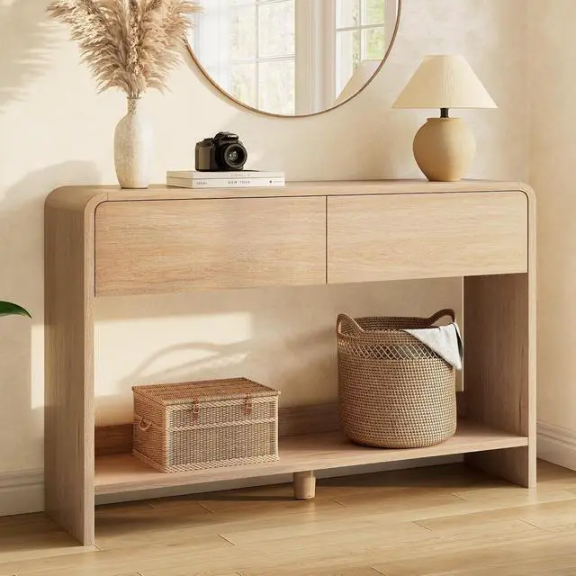 Alt view image 7 of 7 - 45" Modern Console Table with 2 Storage Drawers and Open Shelf, Wooden Entryway Table with Curved Edges, Sofa Table Behind Couch for Hallway, Foyer, Entrance, Living Room, Natural Oak