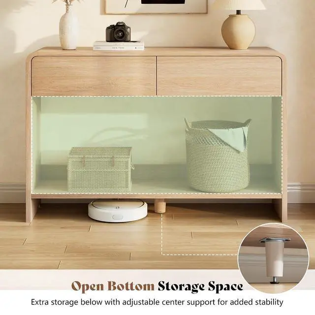 Alt view image 6 of 7 - 55" Modern Console Table with 2 Storage Drawers and Open Shelf, Wooden Entryway Table with Curved Edges, Sofa Table Behind Couch for Hallway, Foyer, Entrance, Living Room, Natural Oak