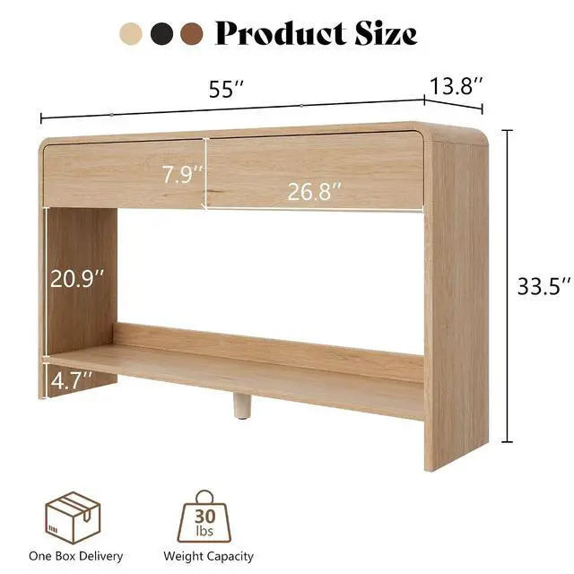 Alt view image 2 of 7 - 55" Modern Console Table with 2 Storage Drawers and Open Shelf, Wooden Entryway Table with Curved Edges, Sofa Table Behind Couch for Hallway, Foyer, Entrance, Living Room, Natural Oak