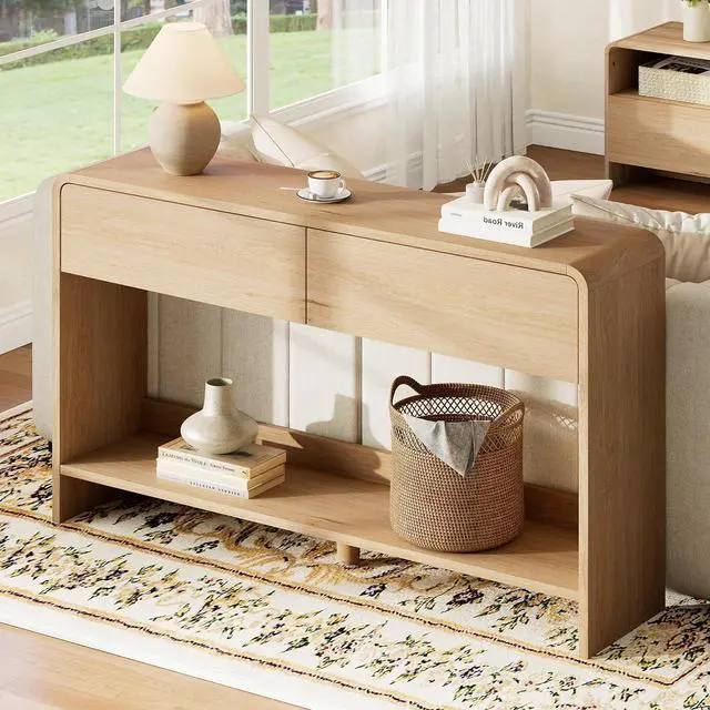 Main image of 55" Modern Console Table with 2 Storage Drawers and Open Shelf, Wooden Entryway Table with Curved Edges, Sofa Table Behind Couch for Hallway, Foyer, Entrance, Living Room, Natural Oak