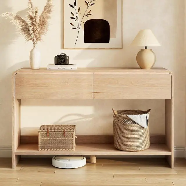 Alt view image 4 of 7 - 55" Modern Console Table with 2 Storage Drawers and Open Shelf, Wooden Entryway Table with Curved Edges, Sofa Table Behind Couch for Hallway, Foyer, Entrance, Living Room, Natural Oak