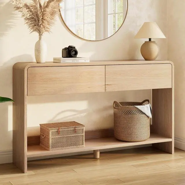 Alt view image 7 of 7 - 55" Modern Console Table with 2 Storage Drawers and Open Shelf, Wooden Entryway Table with Curved Edges, Sofa Table Behind Couch for Hallway, Foyer, Entrance, Living Room, Natural Oak