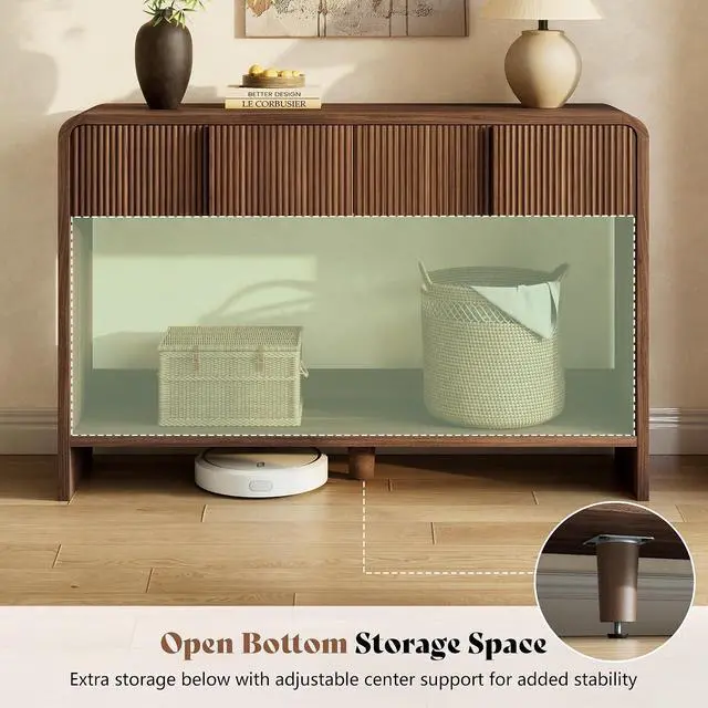 Alt view image 7 of 7 - 45" Modern Console Table with Rounded Edges, Fluted Entryway Table with 2 Drawers and Open Shelf, Wood Sofa Table for Hallway, Behind Couch, Foyer, Living Room, Brown