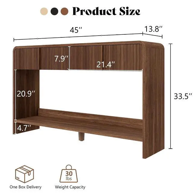 Alt view image 2 of 7 - 45" Modern Console Table with Rounded Edges, Fluted Entryway Table with 2 Drawers and Open Shelf, Wood Sofa Table for Hallway, Behind Couch, Foyer, Living Room, Brown