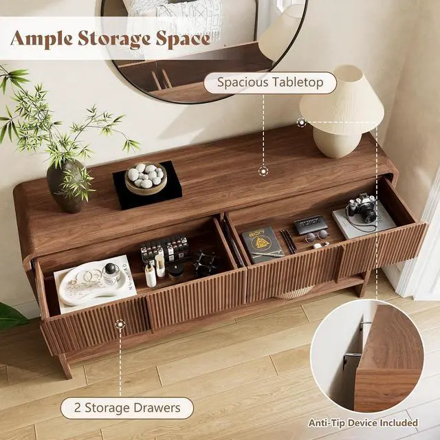 Alt view image 3 of 7 - 45" Modern Console Table with Rounded Edges, Fluted Entryway Table with 2 Drawers and Open Shelf, Wood Sofa Table for Hallway, Behind Couch, Foyer, Living Room, Brown