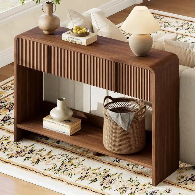 Alt view image 4 of 7 - 45" Modern Console Table with Rounded Edges, Fluted Entryway Table with 2 Drawers and Open Shelf, Wood Sofa Table for Hallway, Behind Couch, Foyer, Living Room, Brown